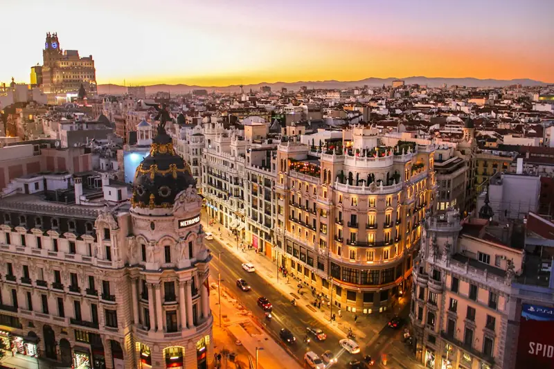 Gran Vía and the Metropolis building in Madrid, Spain